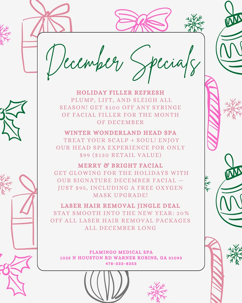 Flamingo Medical Spa December Specials promotional flyer. Deals include: $100 off any syringe of facial filler; $99 Winter Wonderland Head Spa; $95 Merry & Bright Facial with free oxygen mask upgrade; and 20% off all laser hair removal packages. Contact %phone%